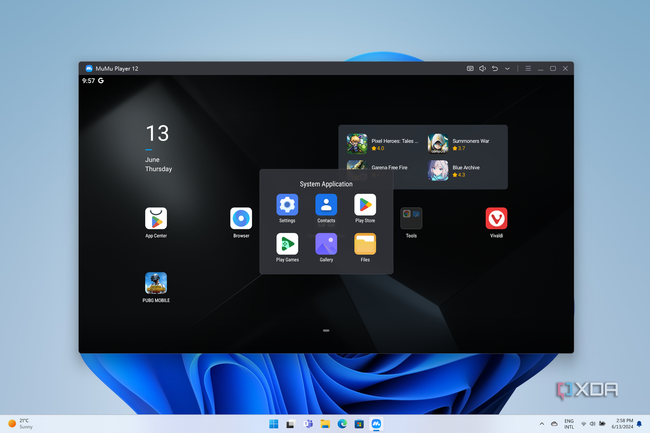 Screenshot of MuMu Player running showing the home page with an open folder