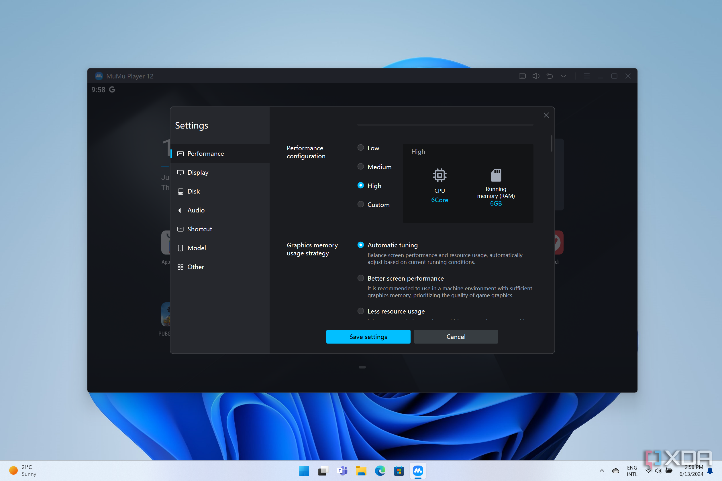 Screenshot of MuMu Player settings for performance