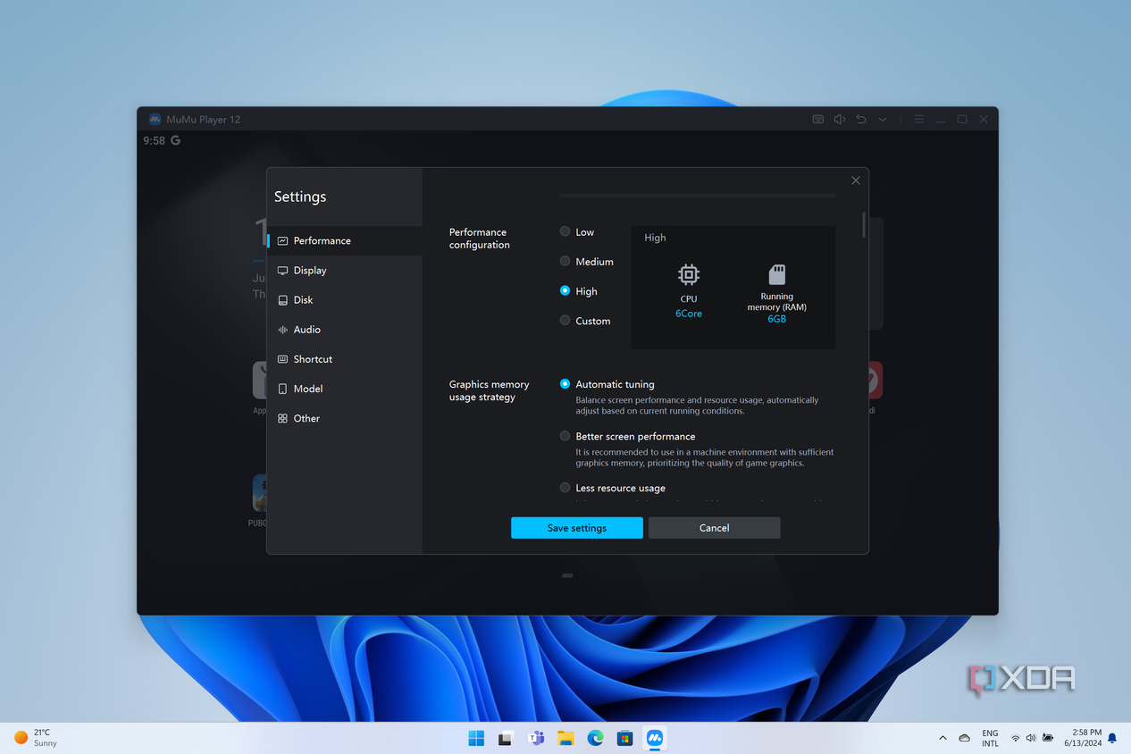 Screenshot of MuMu Player settings for performance