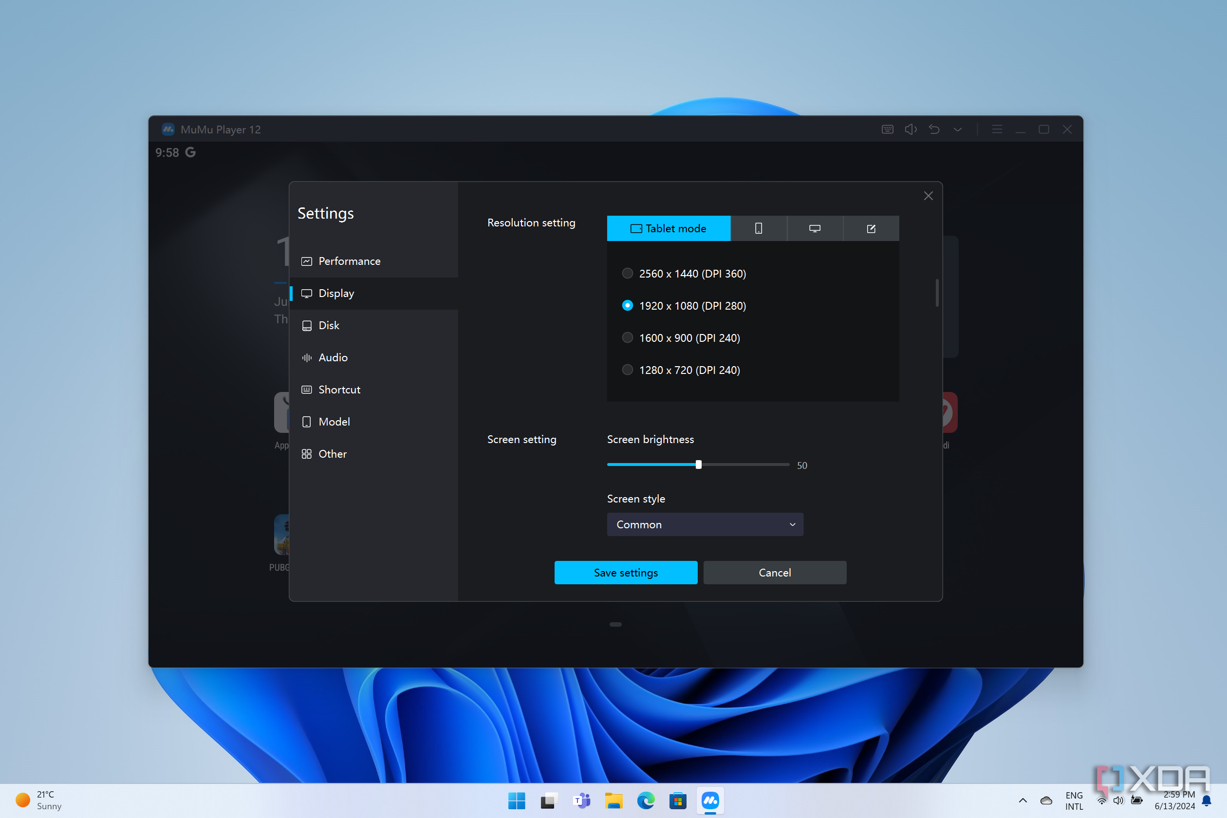 Screenshot of MuMu Player settings for resolution