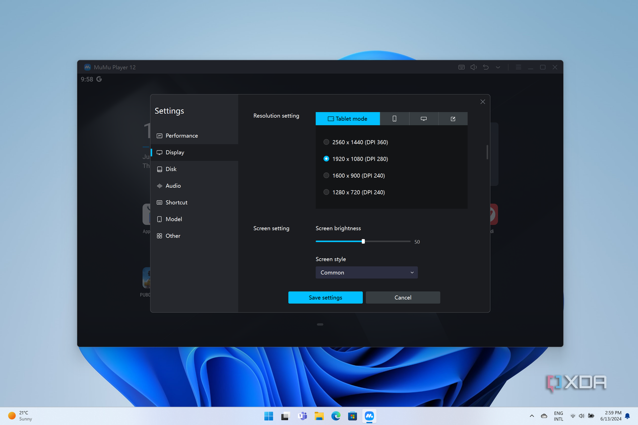 Screenshot of MuMu Player settings for resolution