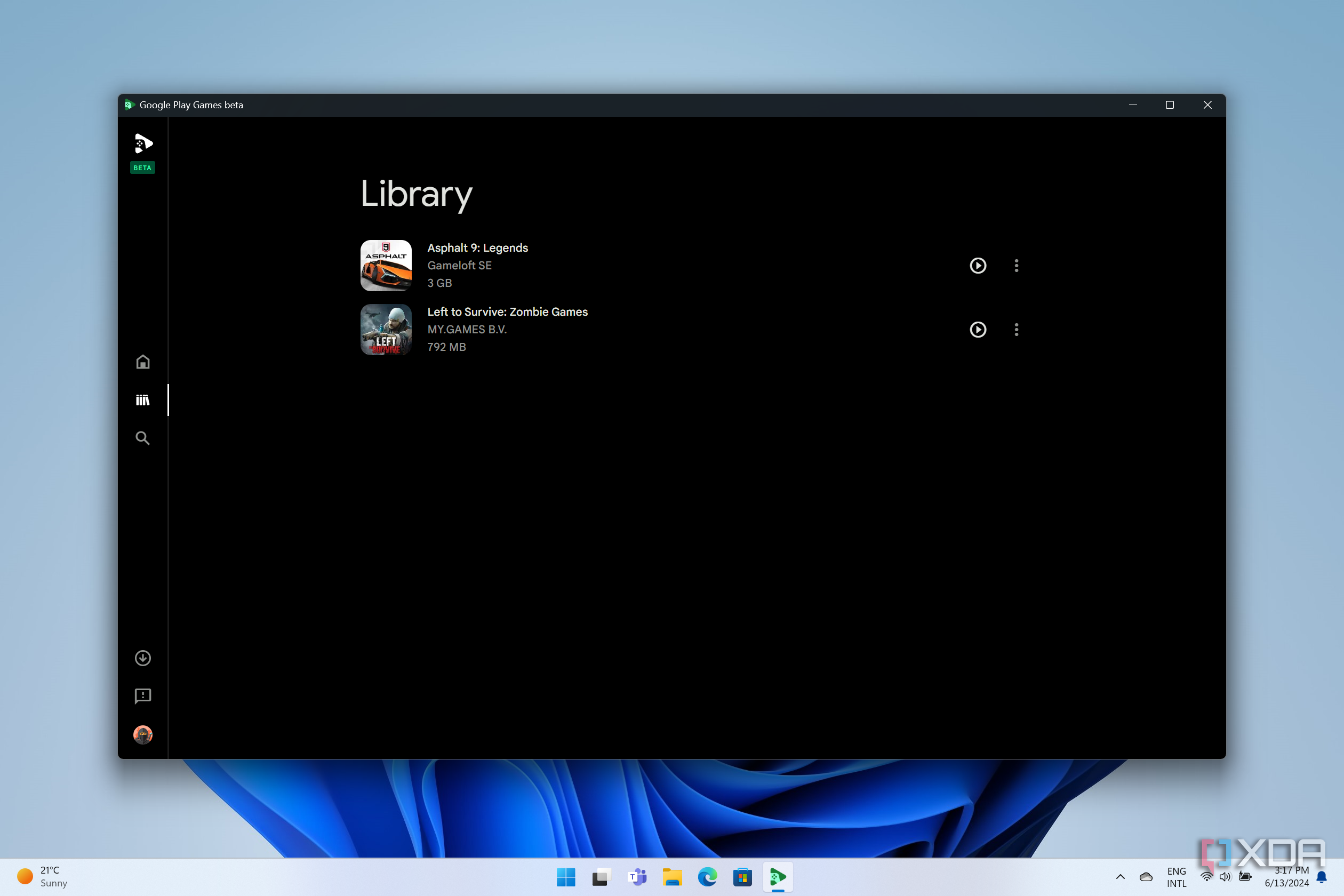 Screenshot of the library section in Google Play Games on PC
