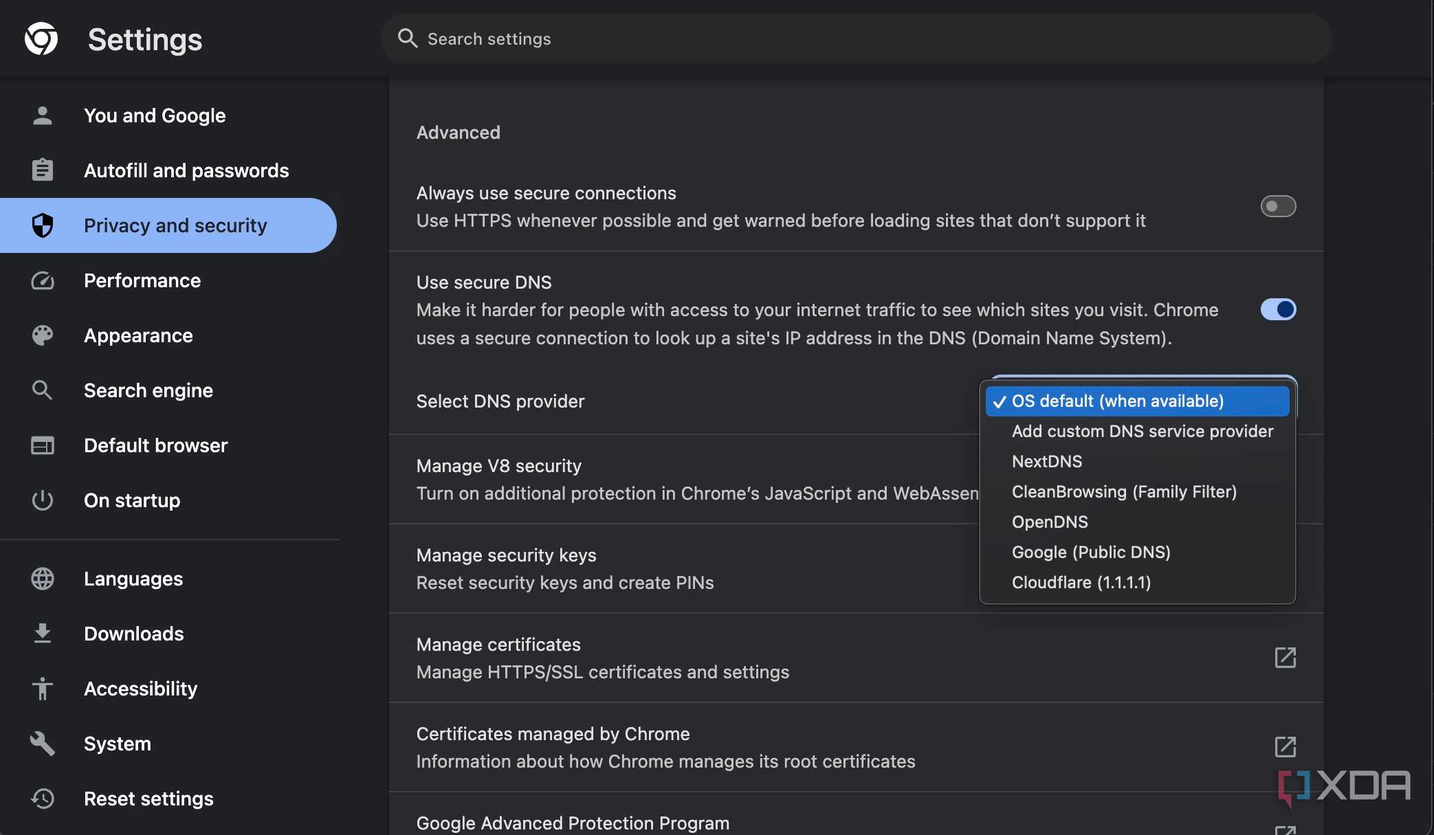 Select DNS provider in Google Chrome
