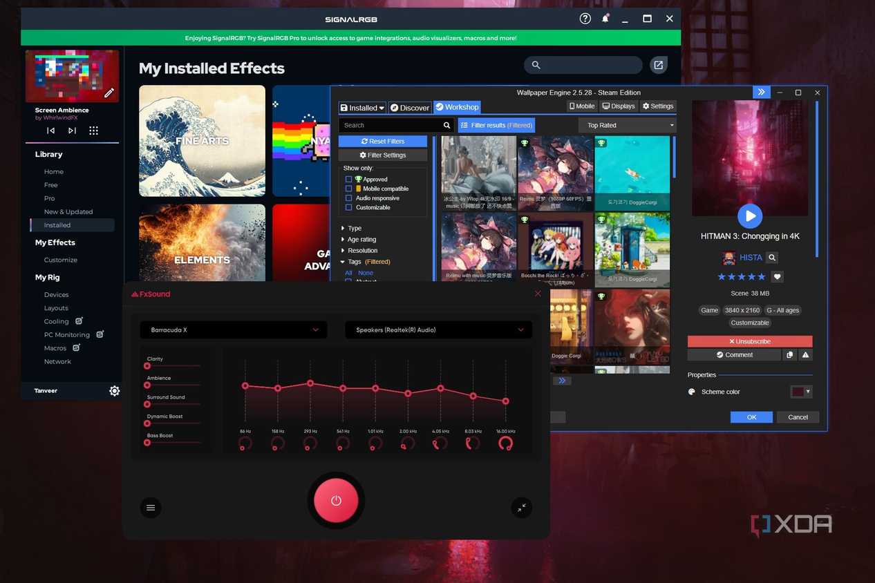 SignalRGB, Wallpaper Engine, and FxSound windows on a Windows desktop