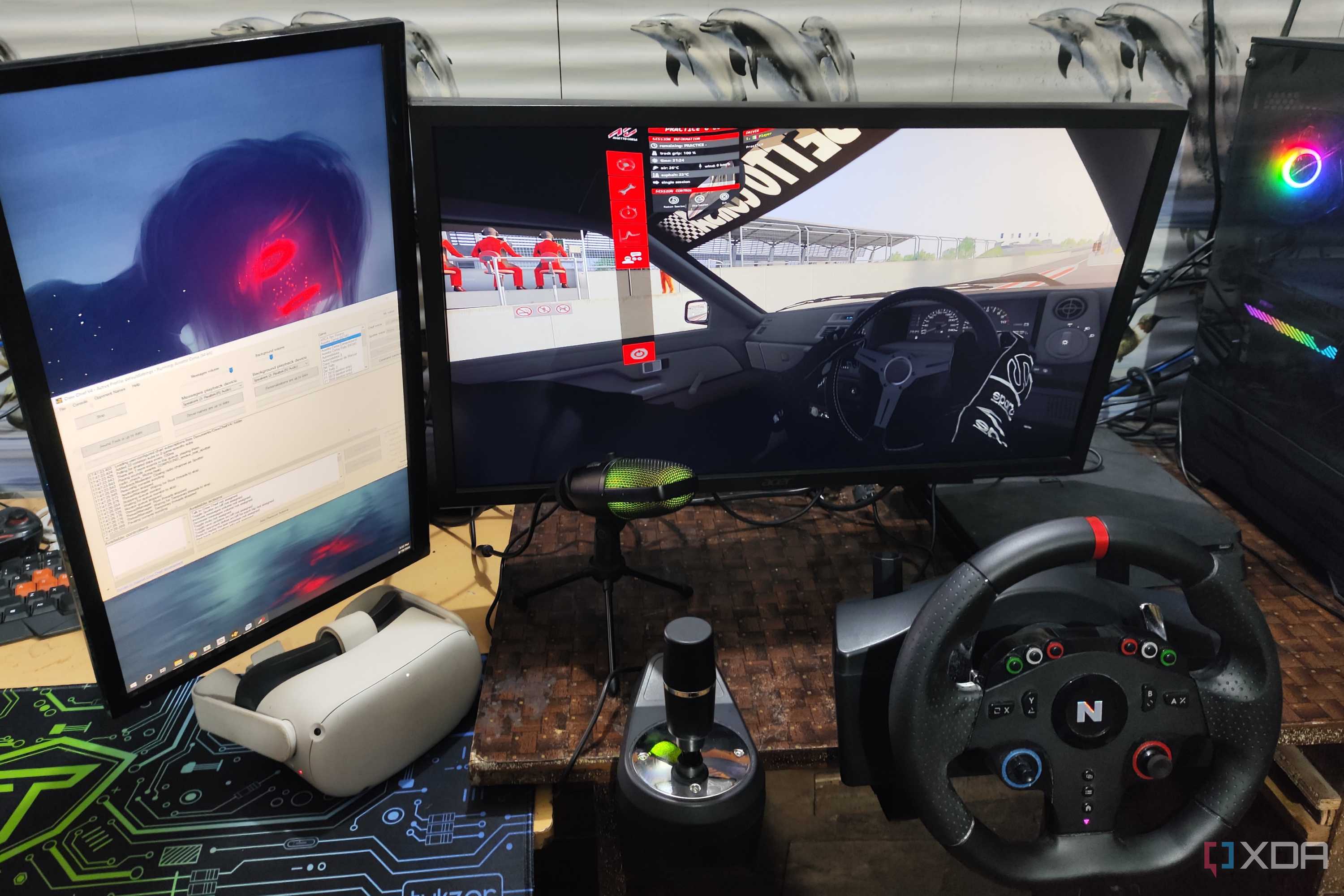 Assetto Corsa running in VR mode, with a Nitho Pro Driving Wheel and Meta Quest 2 lying next to the monitors