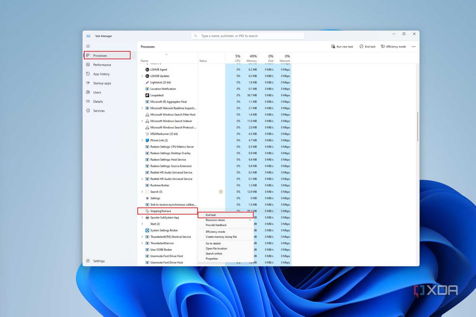 an image showing how to end task on snipping tool in process maanager