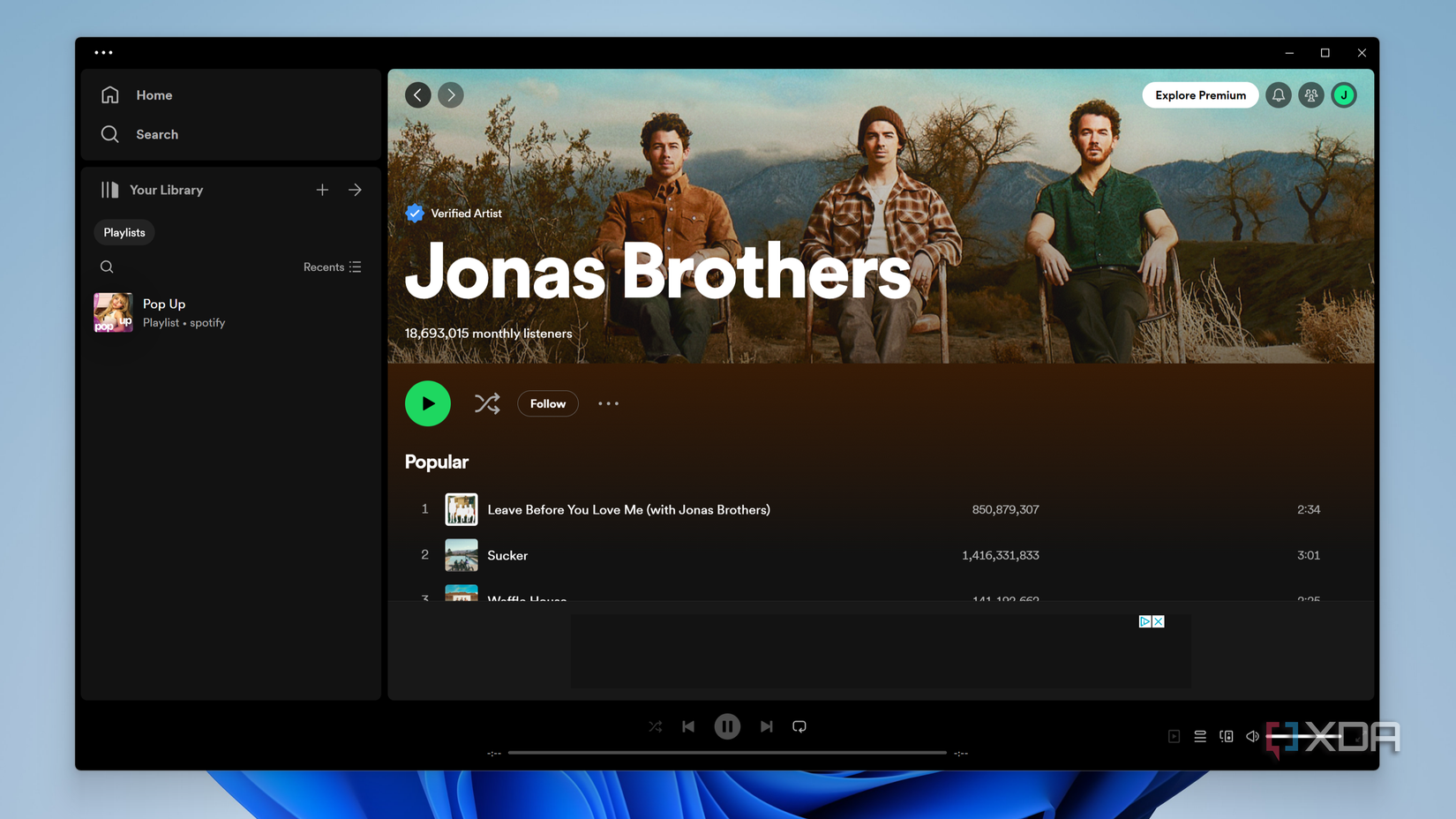 Jonas Brothers artist page in Spotify for Windows
