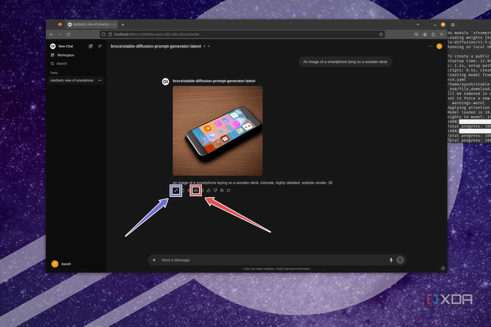 The procedure to edit a prompt and generate an image using Stable Diffusion's API on Ollama 