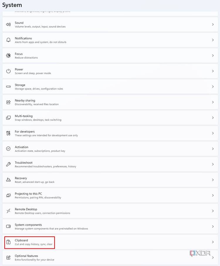 imagine show cliboard option in settings app