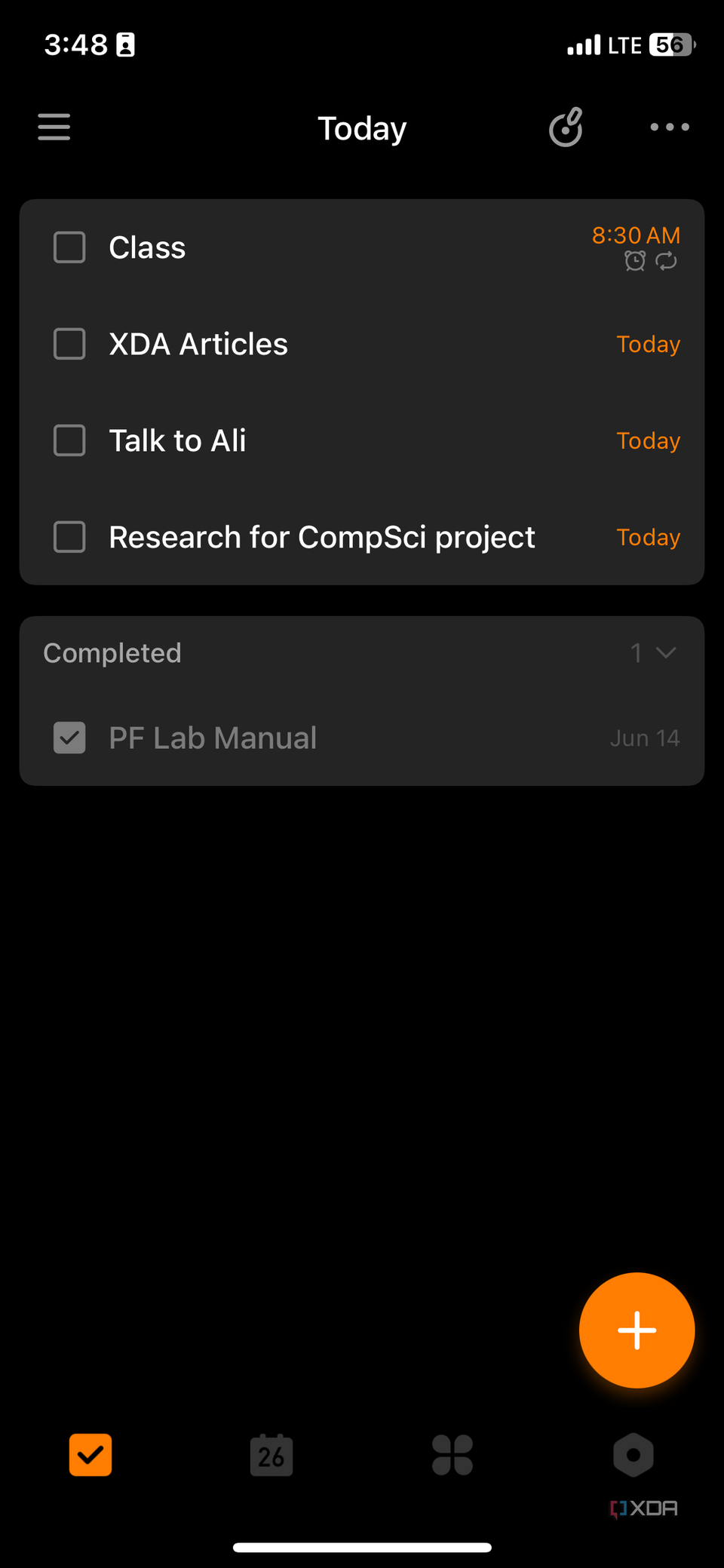 TickTick iOS app screeshot that shows the Today section.