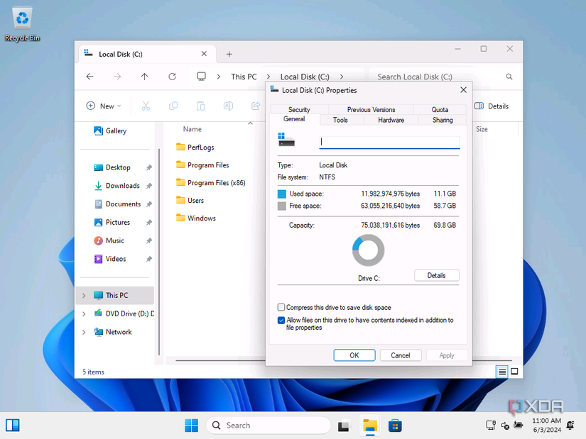 Screenshot of disk properties in Windows 11 showing only 11.1GB of space being taken after installing the OS