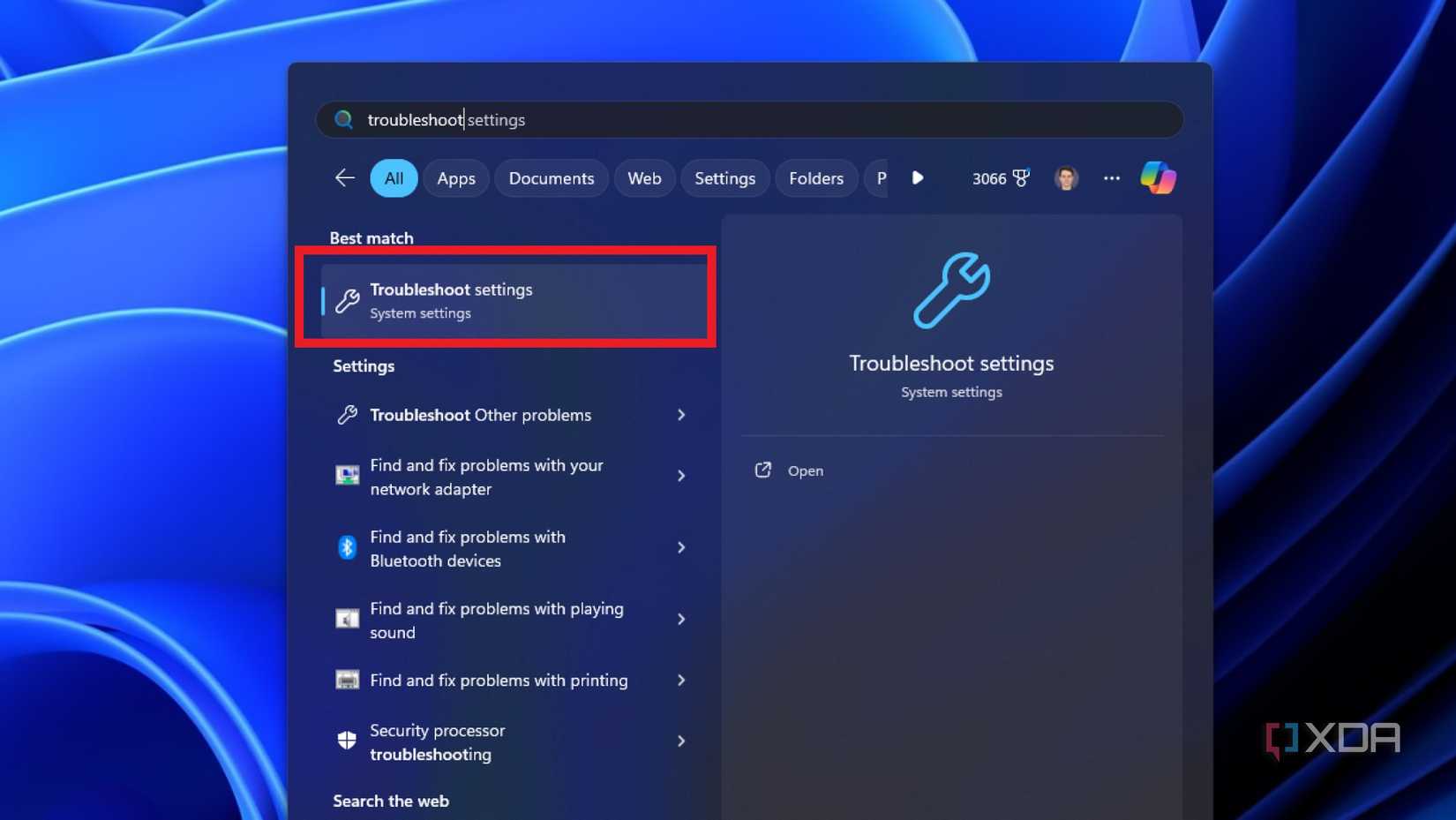 screenshot of windows start menu showing the troubleshoot settings being searched for