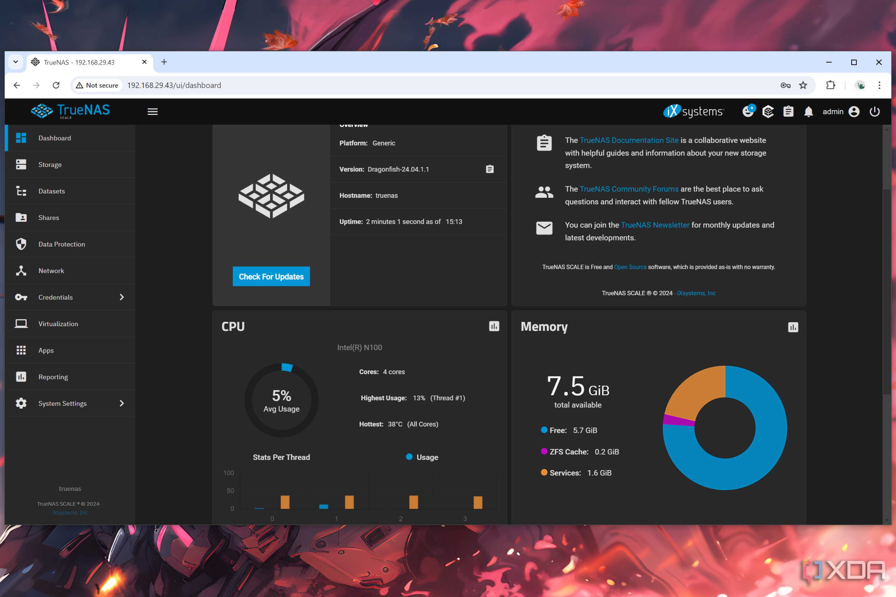 The TrueNAS Scale dashboard, with the OS running on an Aiffro K100 NAS