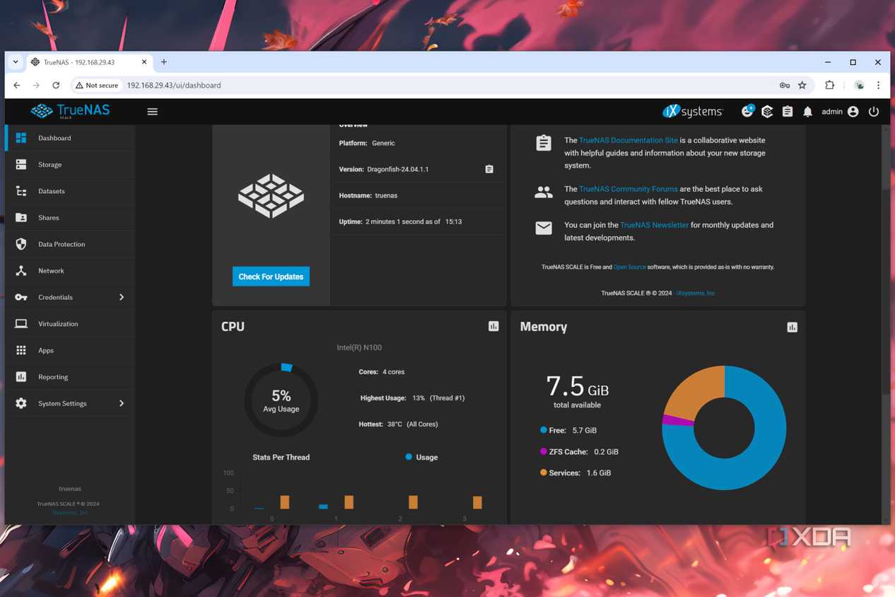 The TrueNAS Scale dashboard, with the OS running on an Aiffro K100 NAS