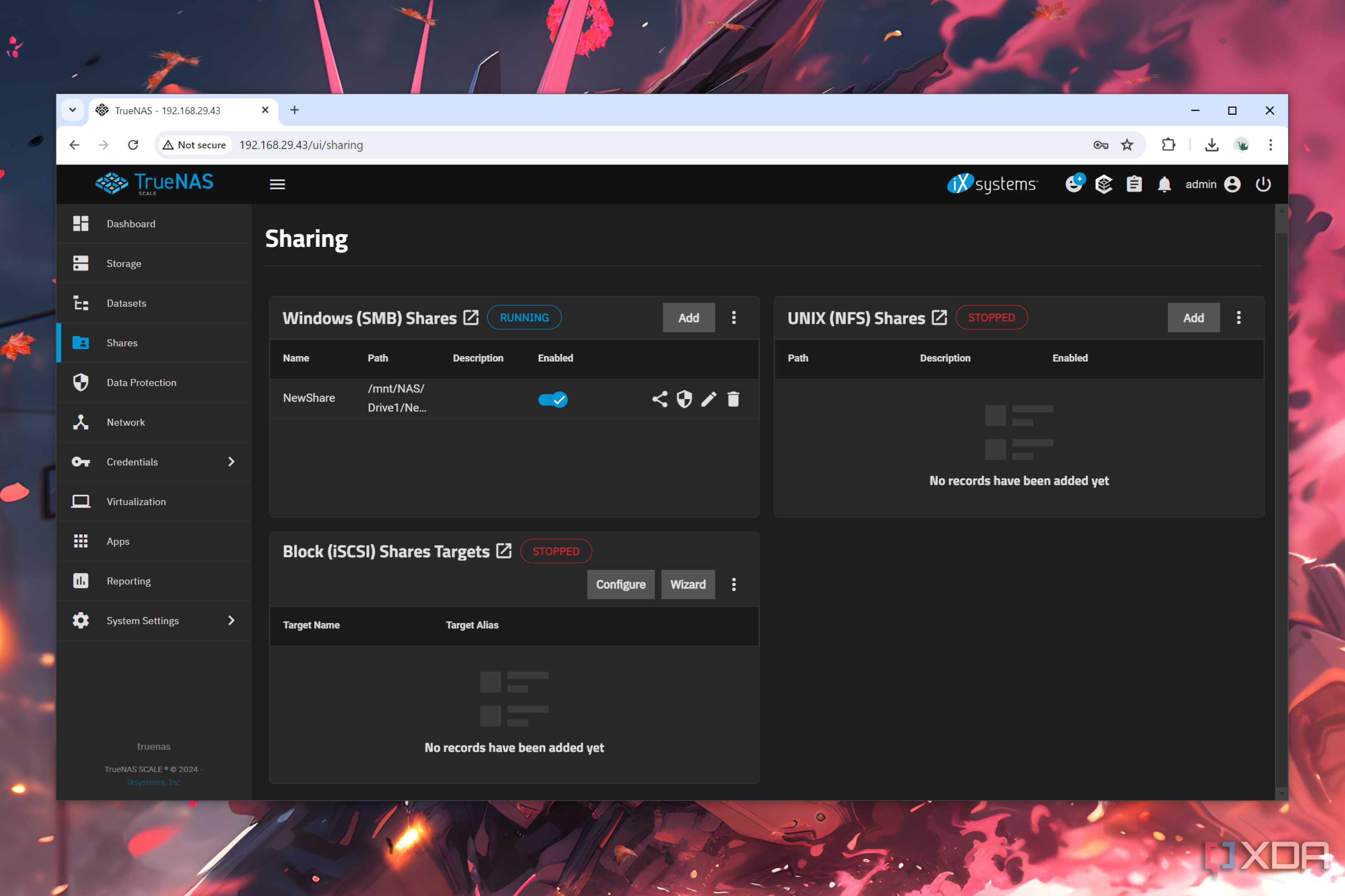 The TrueNAS Scale Sharing tab, with the OS running on an Aiffro NAS