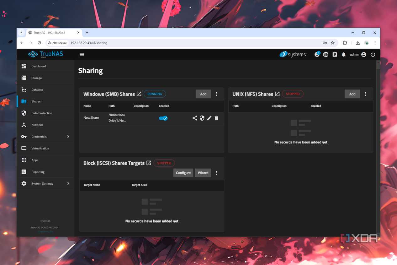 The TrueNAS Scale Sharing tab, with the OS running on an Aiffro NAS