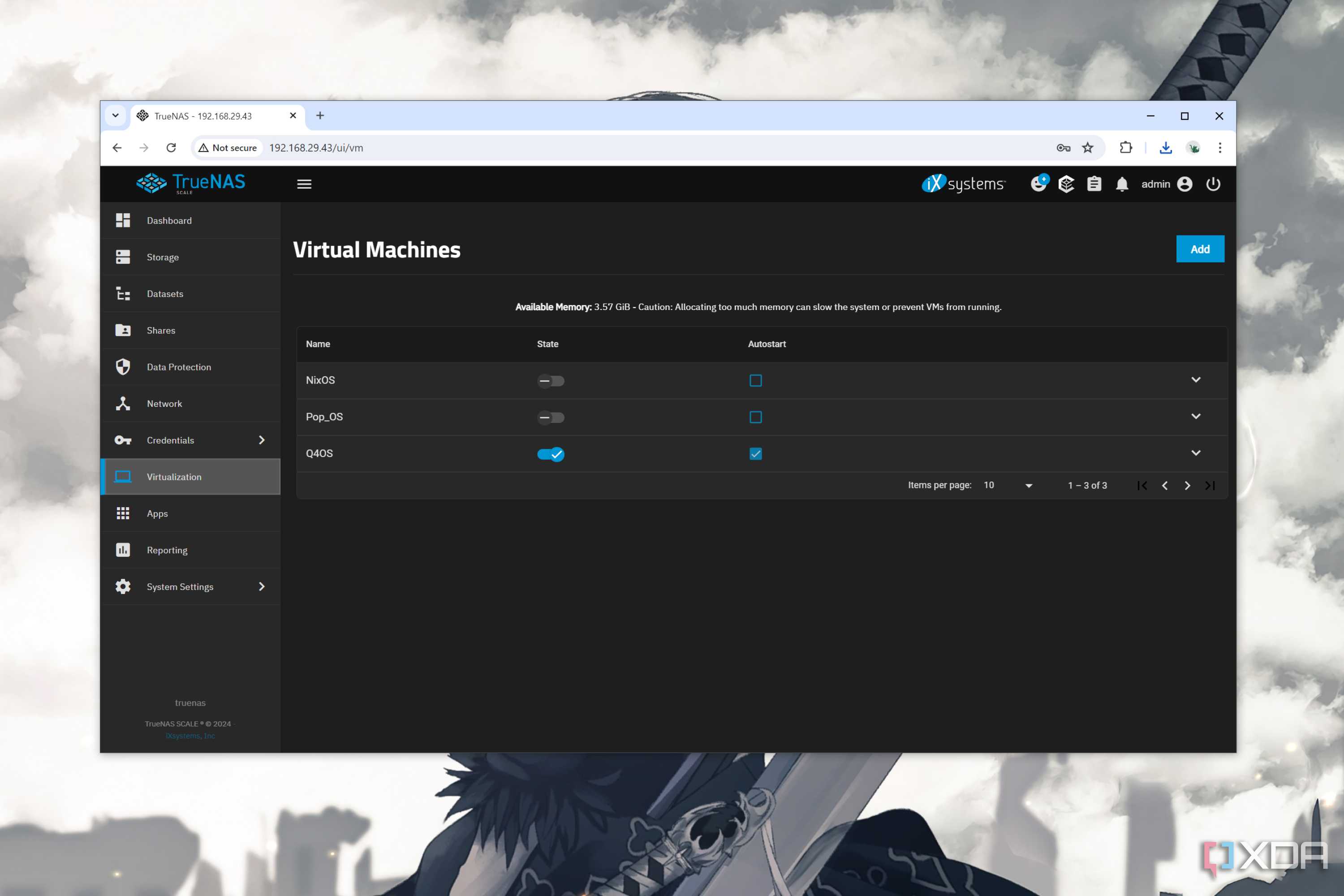The TrueNAS VM tab, with the OS running on an Aiffro K100 NAS