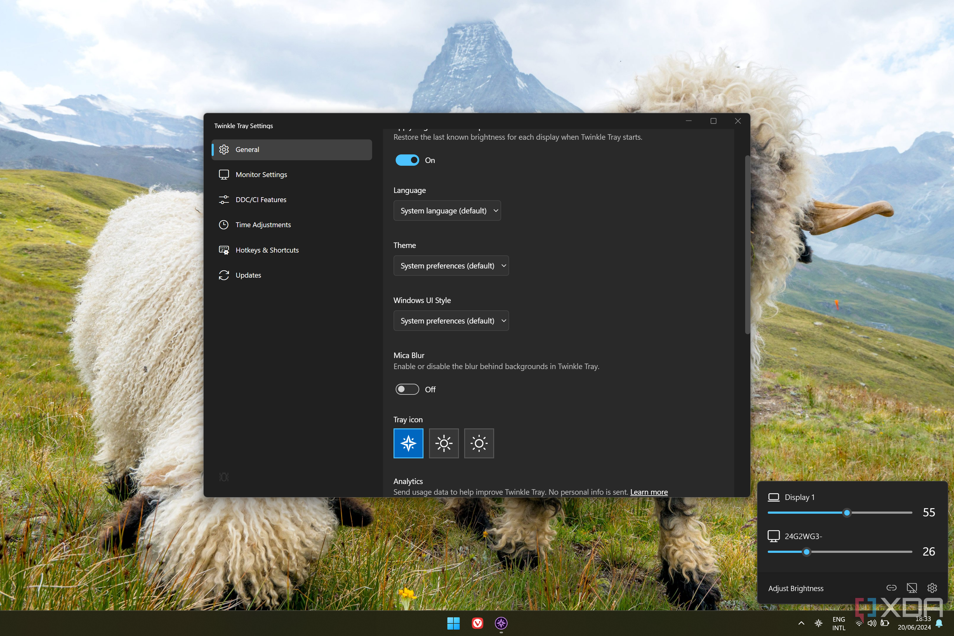 Screenshot of Twinkle Tray flyout with the settings window open