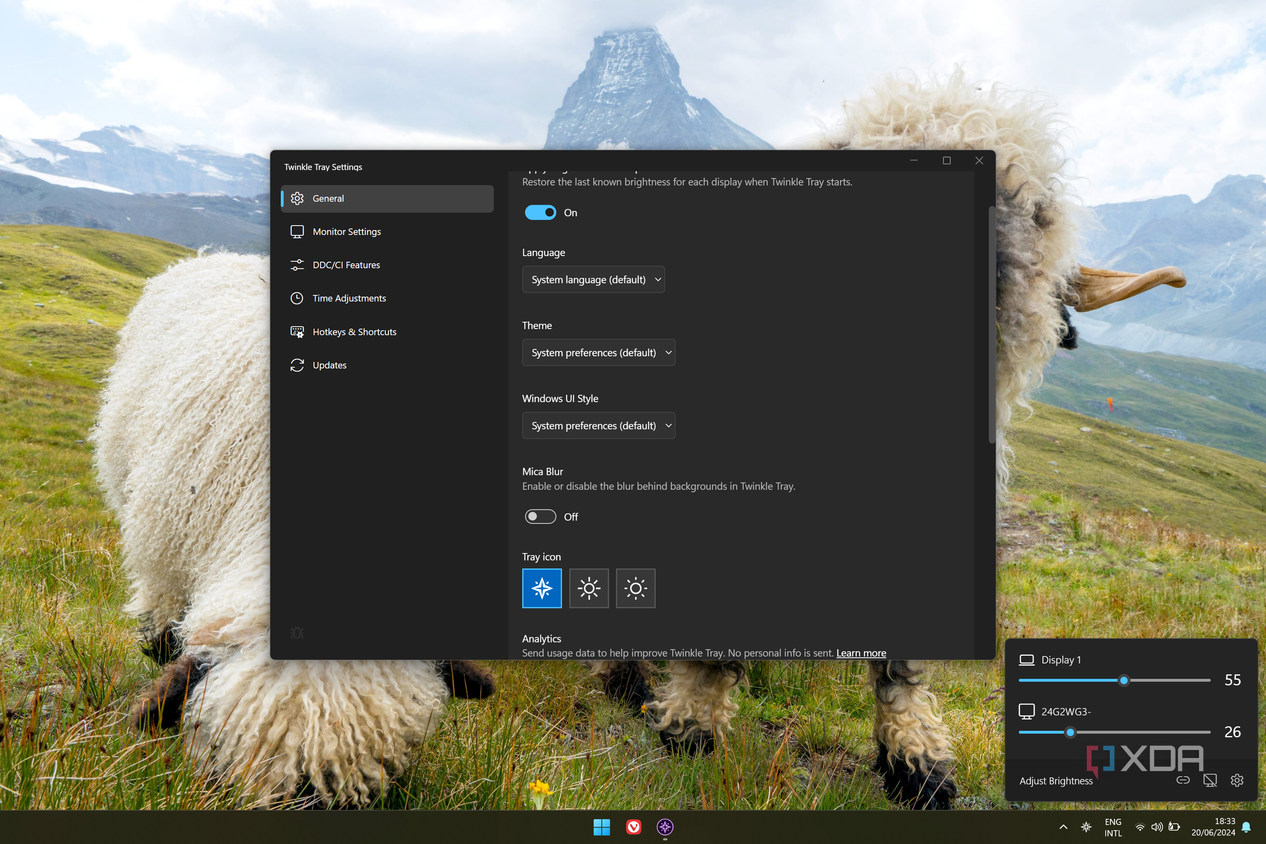 Screenshot of Twinkle Tray flyout with the settings window open