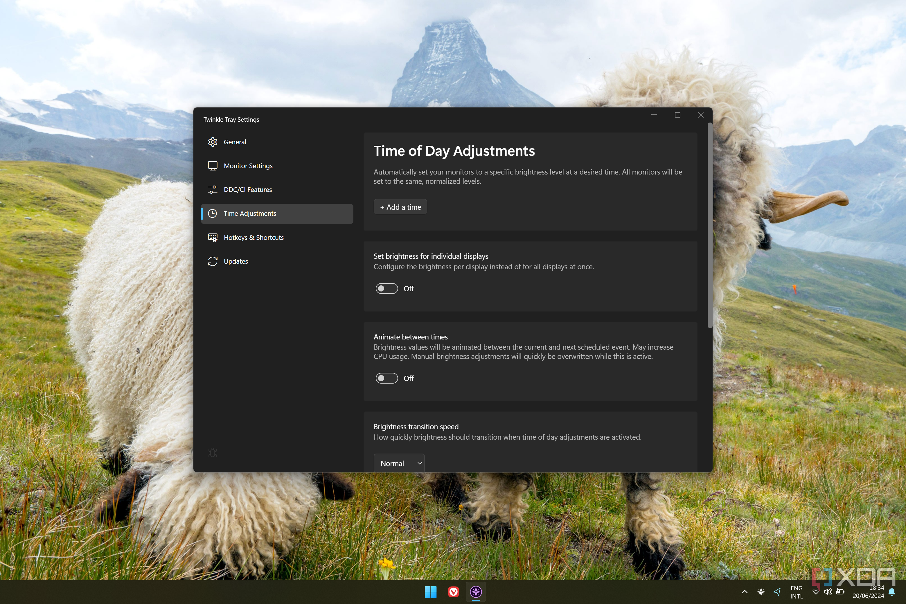 Screenshot of Twinkle Tray settings window showing time of day settings
