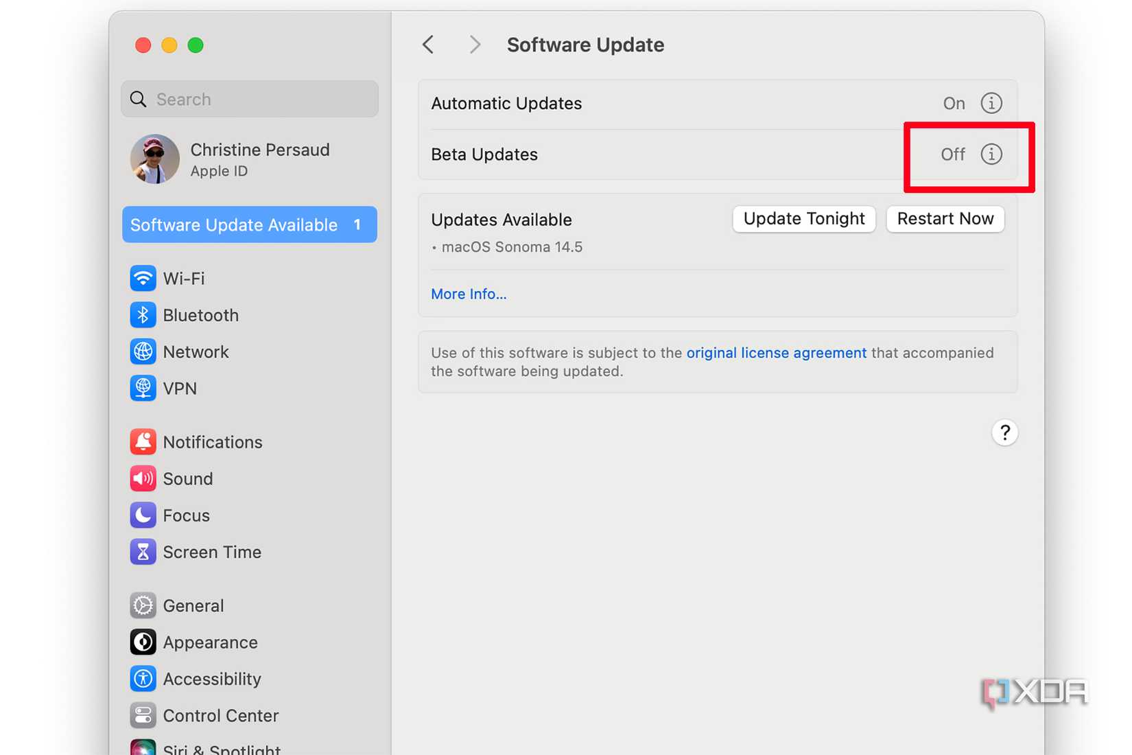 Software update page on a Mac showing Beta Updates off
