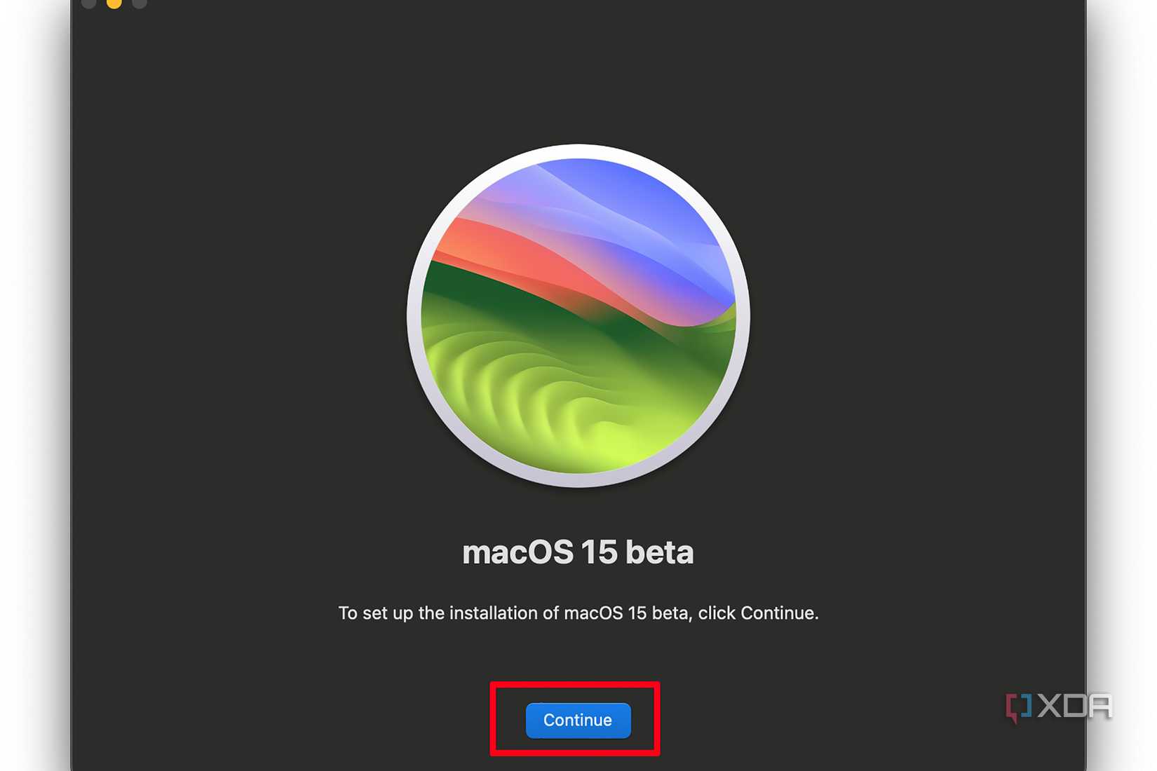 macOS 15 beta installation on a Mac showing continue