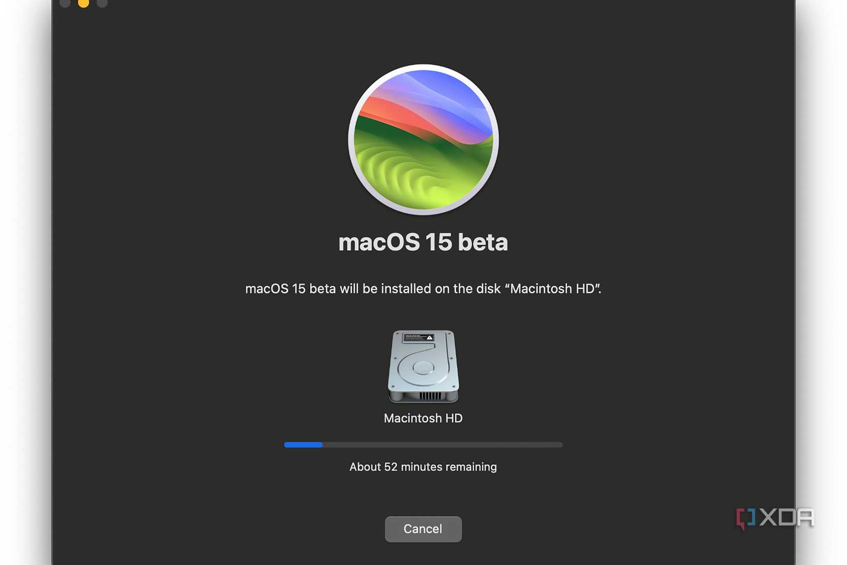 macOS 15 beta installation on a Mac showing in progress with 52 minutes to go.