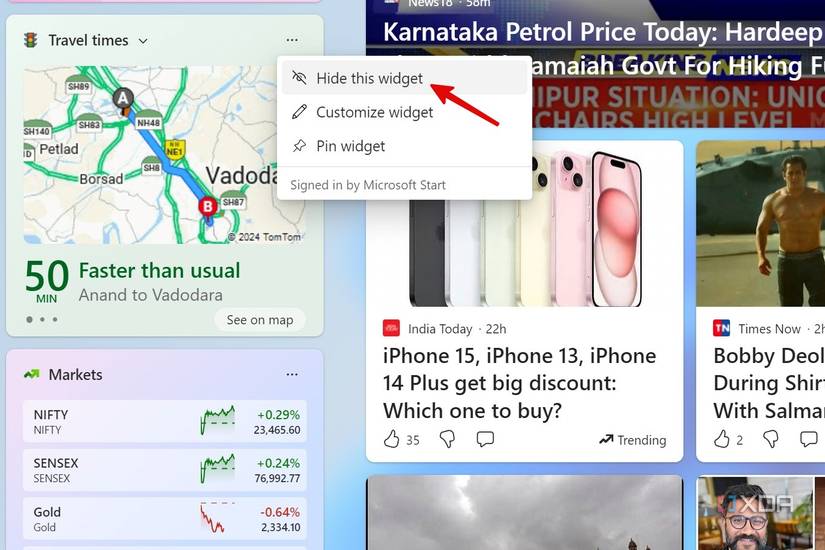 A screenshot showing hide widgets