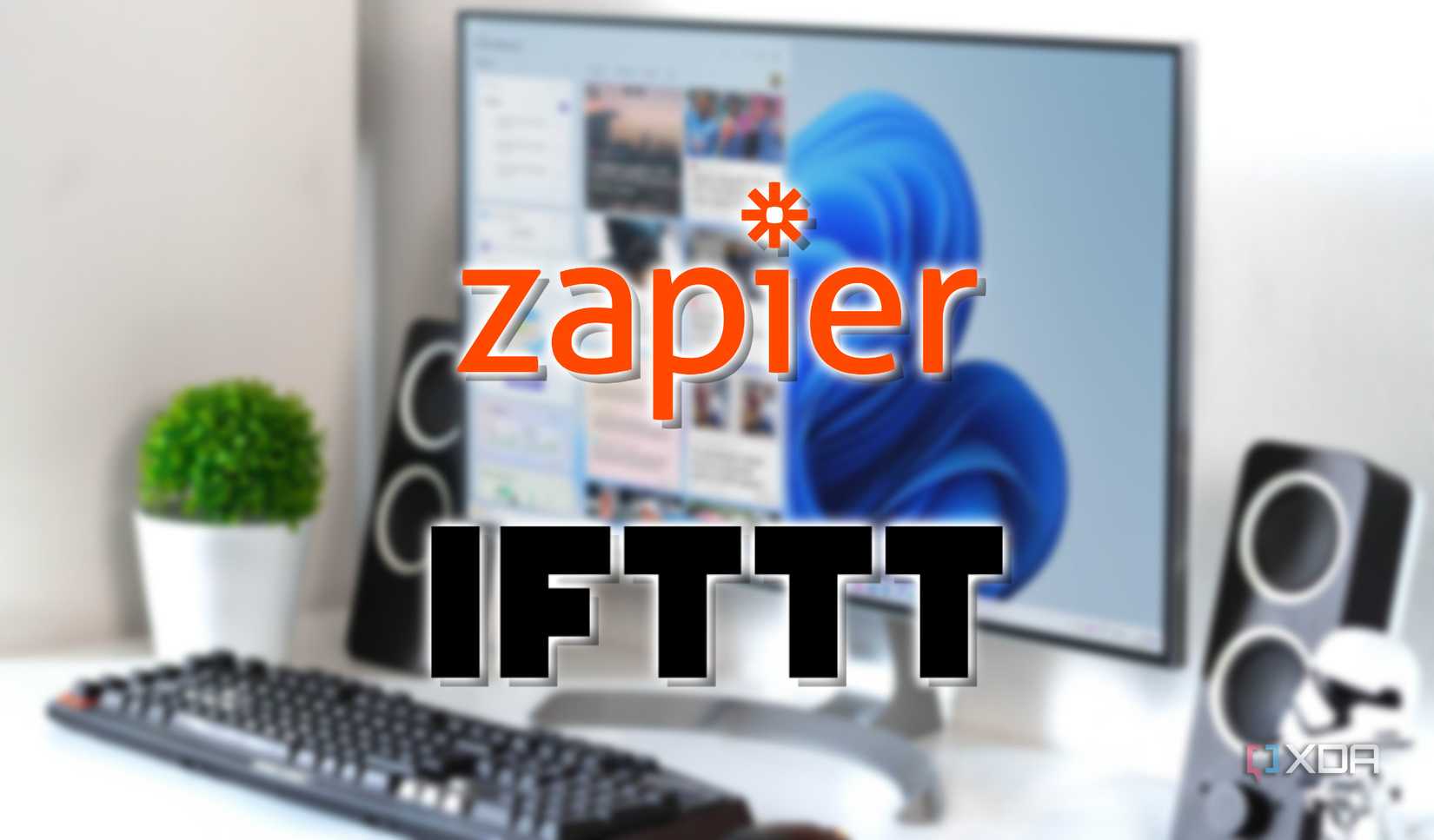 zapier and ifttt logos floating over a blurred computer on a desktop