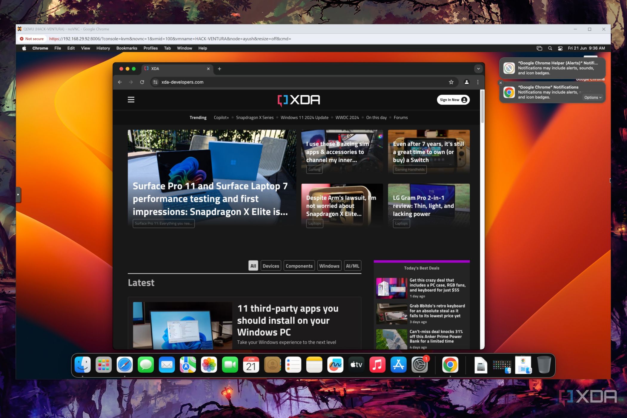 The default macOS Ventura desktop with XDA Developers open on a Chrome tab