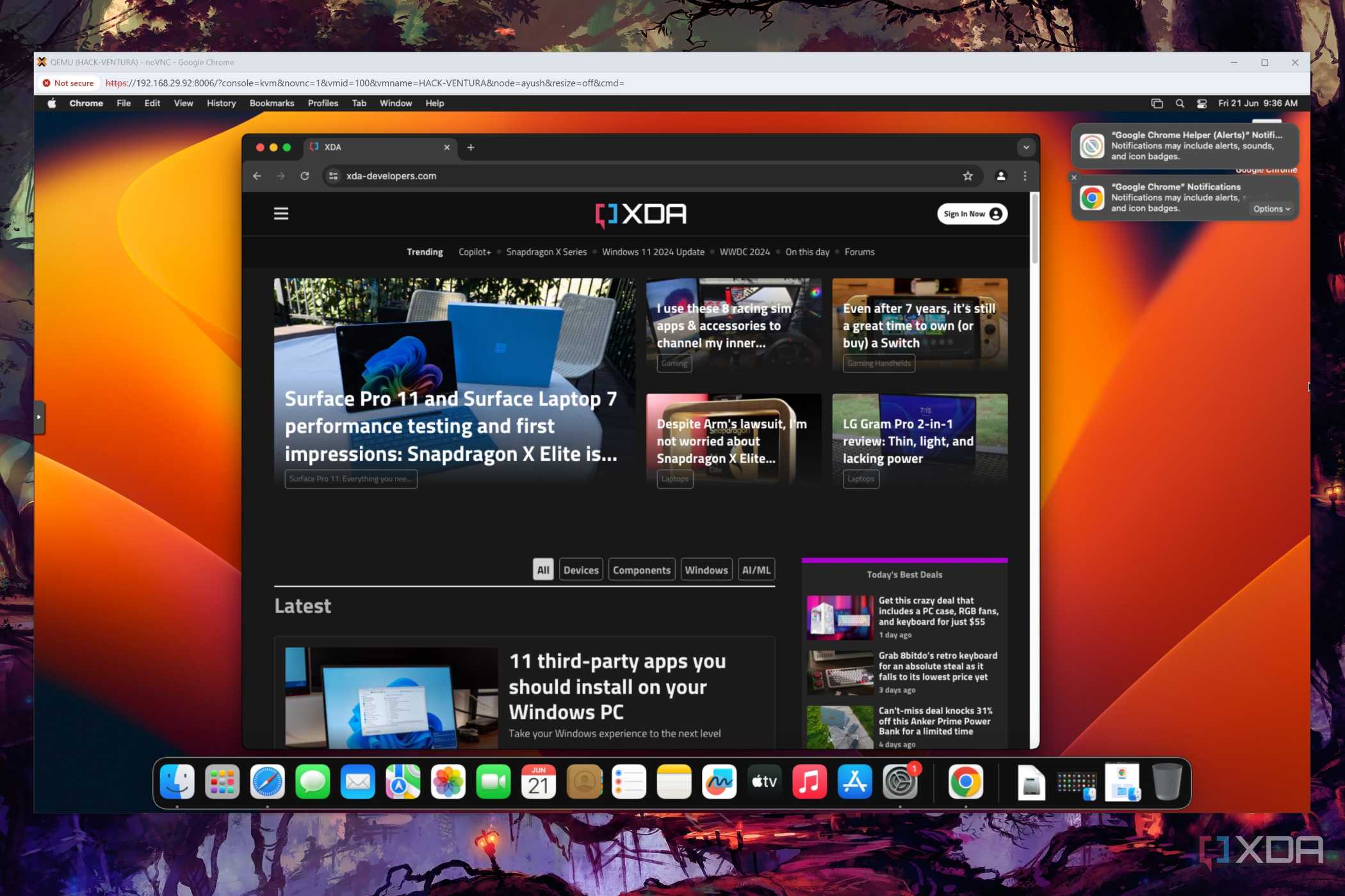 The default macOS Ventura desktop with XDA Developers open on a Chrome tab