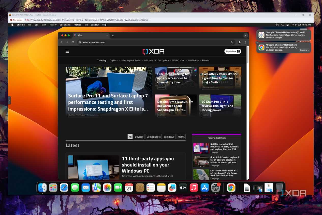 The default macOS Ventura desktop with XDA Developers open on a Chrome tab
