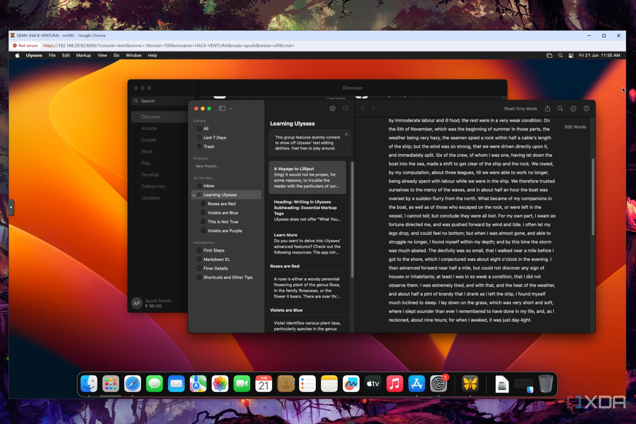 The default macOS Ventura desktop, with Ulysses open in the background