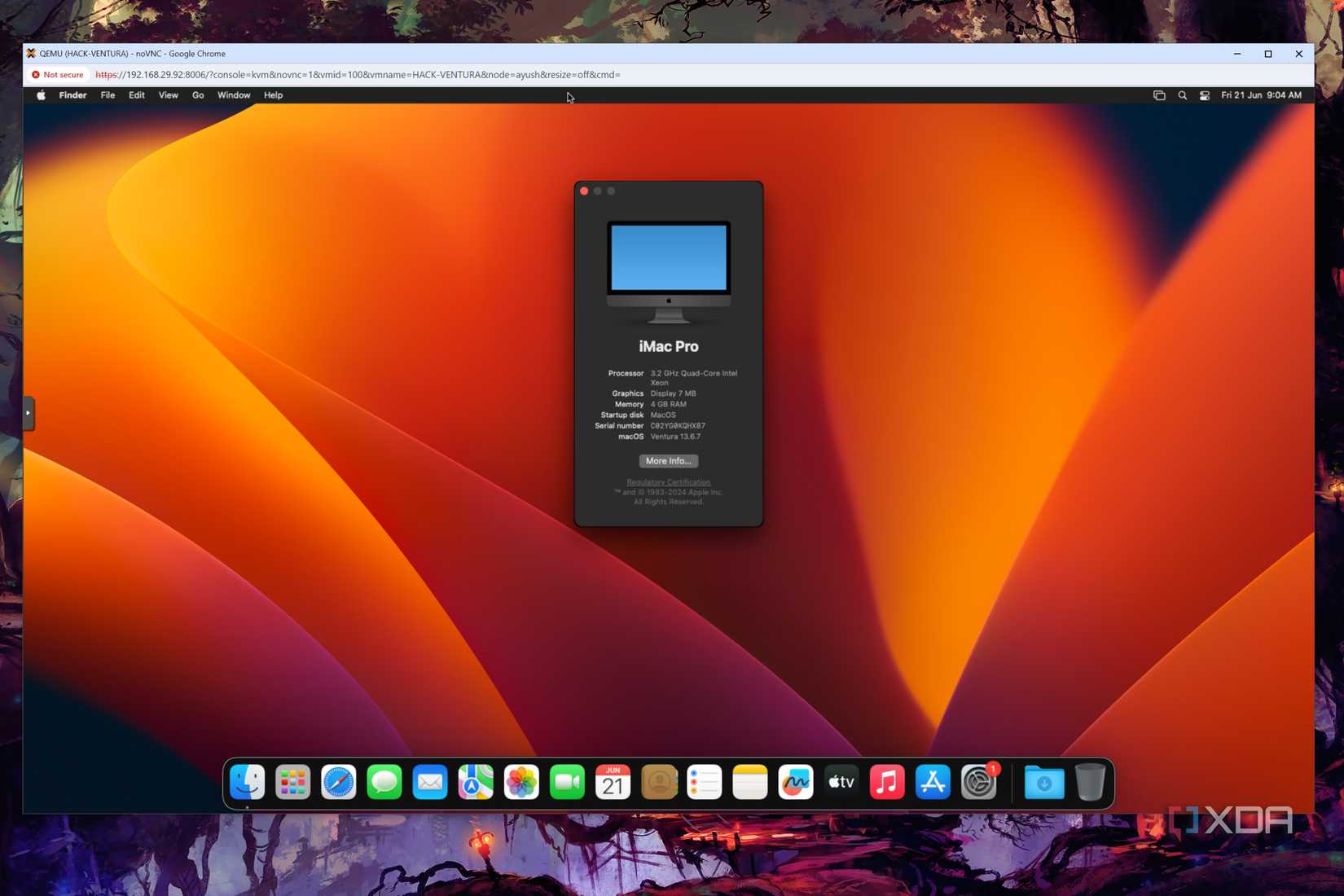 A Proxmox VM running macOS Ventura, with the system specs displayed on the Desktop