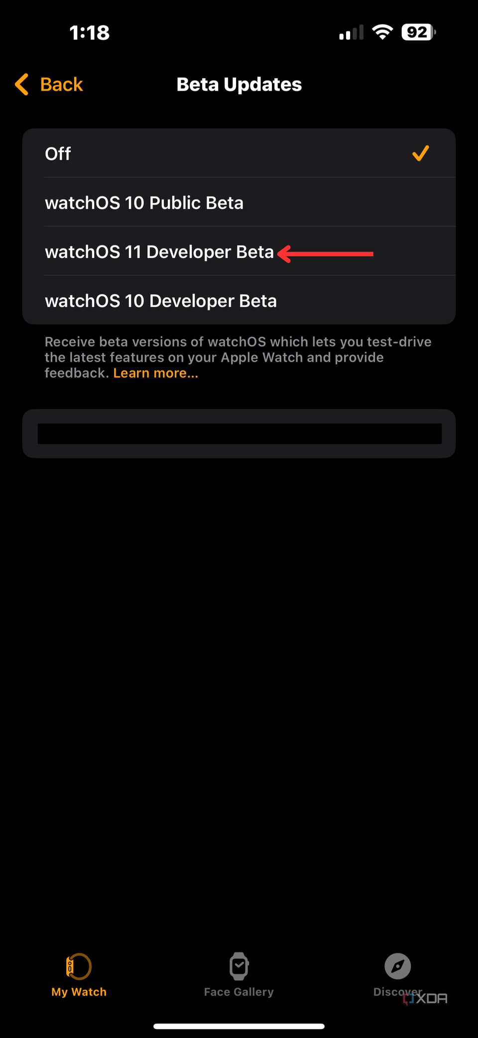 iOS screenshot that highlights watchOS 11 Beta in the Watch app