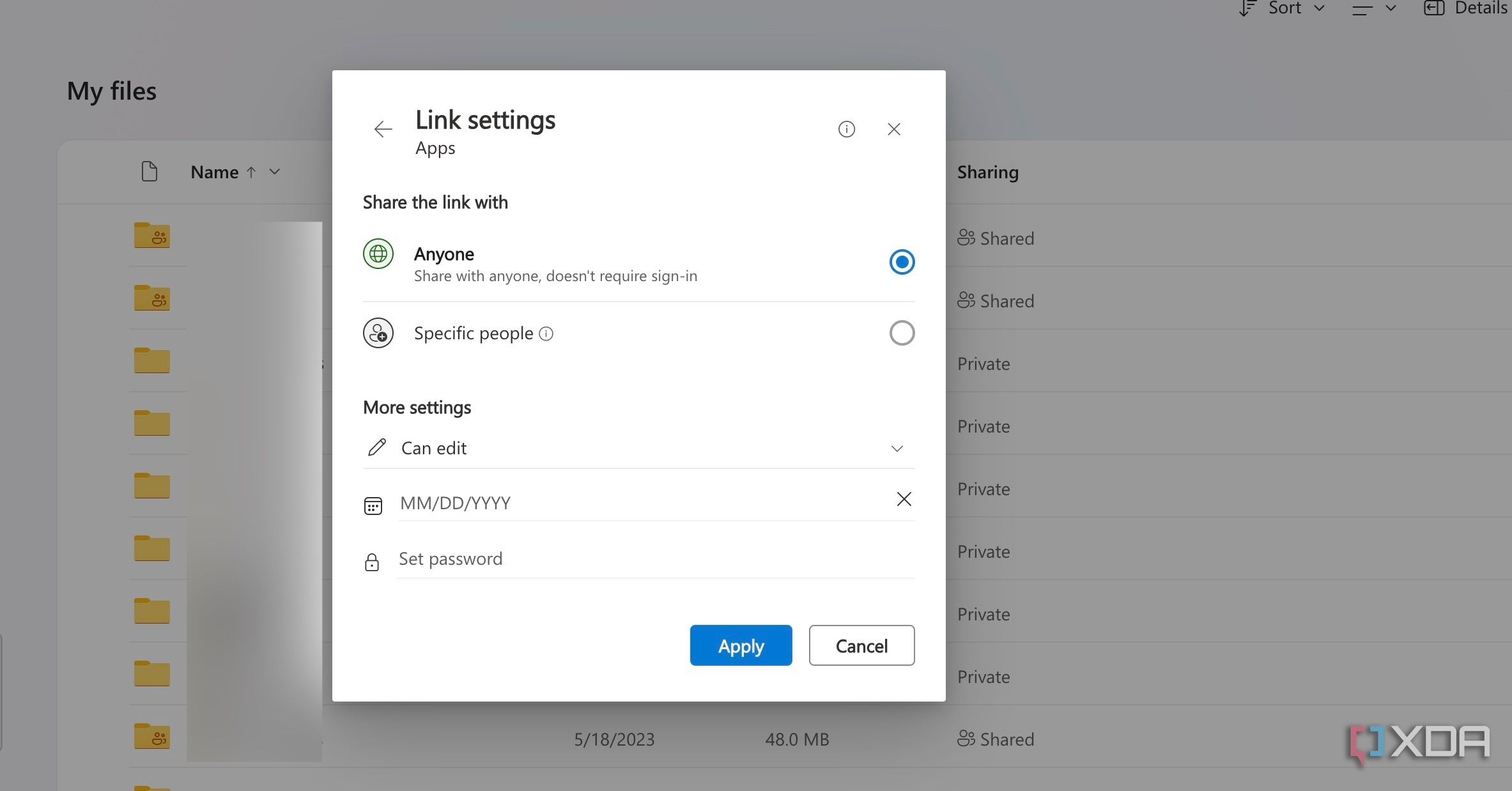 OneDrive link settings