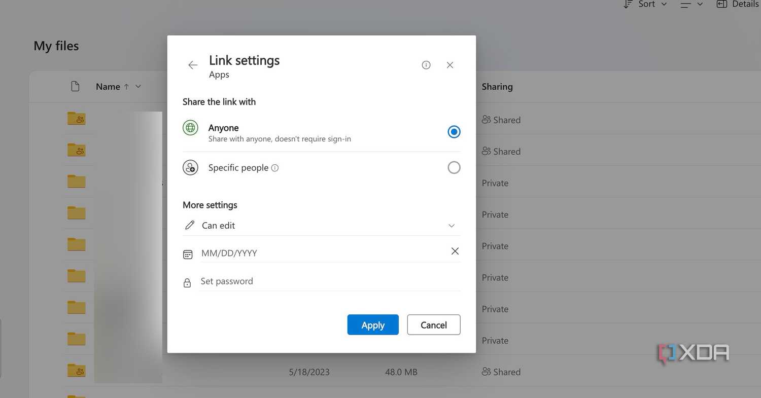 OneDrive link settings