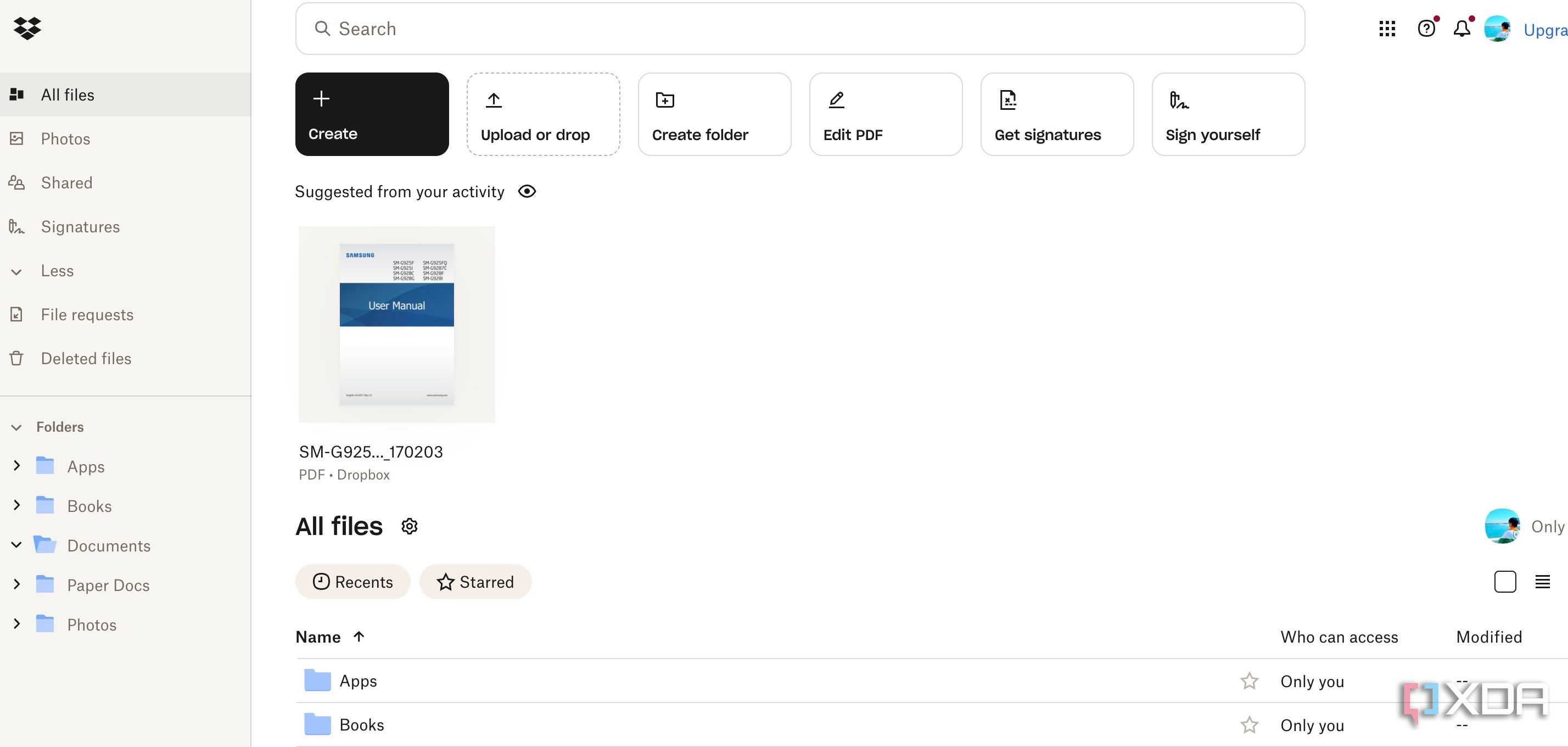 A screenshot showing Dropbox home
