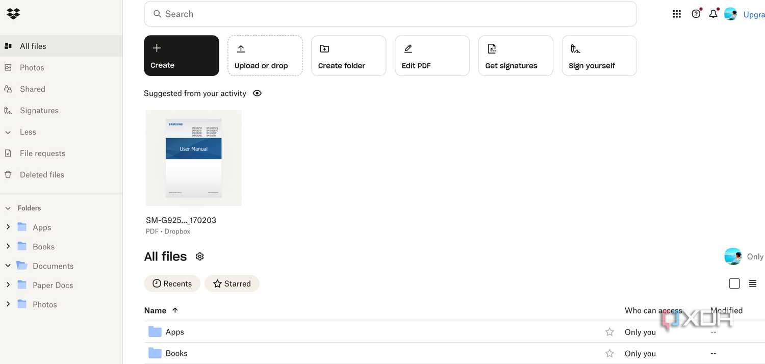 A screenshot showing Dropbox home