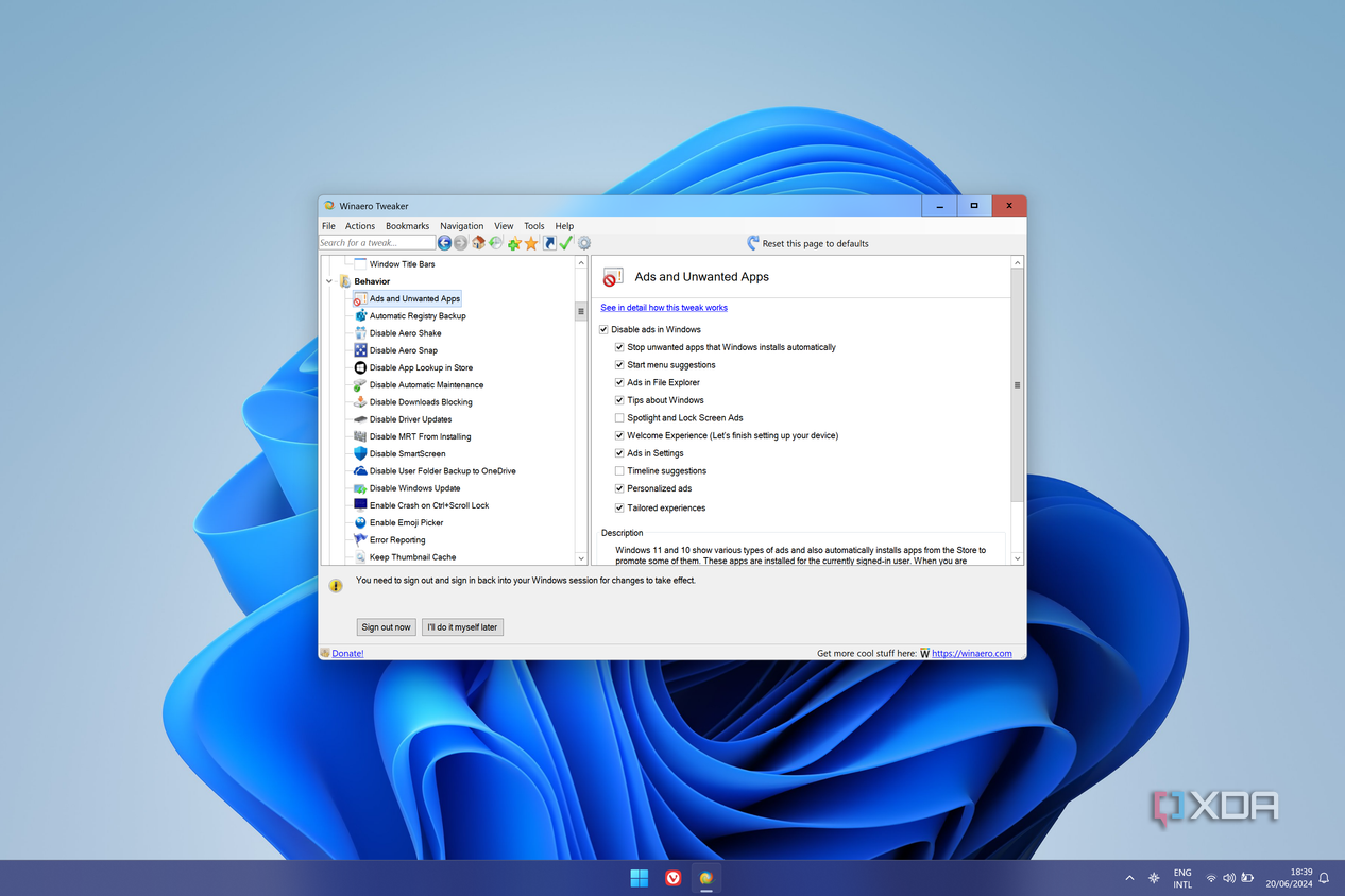Screenshot of the Winaero Tweaker settings for ads and unwanted apps