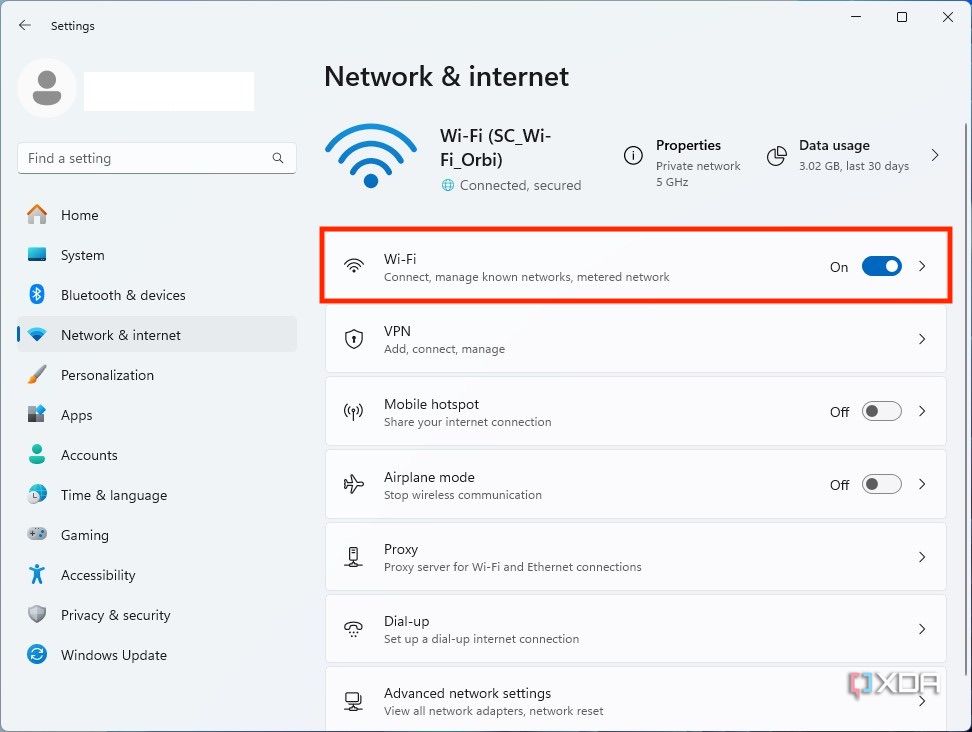 Windows 11 DNS settings, select Network & internet, then Wi-Fi without clicking the toggle