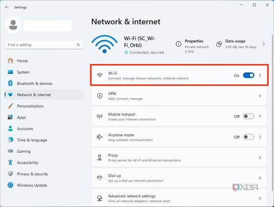 Windows 11 DNS settings, select Network & internet, then Wi-Fi without clicking the toggle