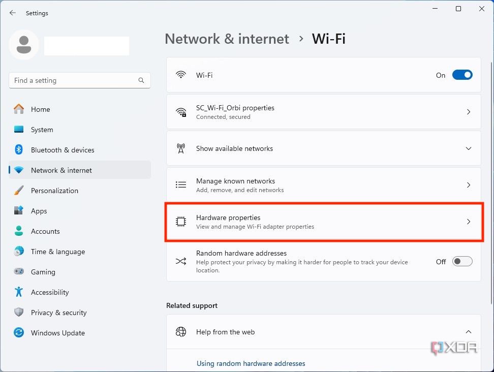 Windows 11 DNS settings, select Hardware properties