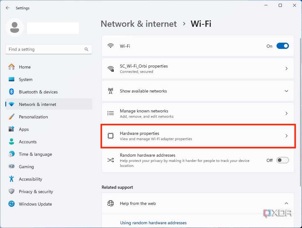 Windows 11 DNS settings, select Hardware properties