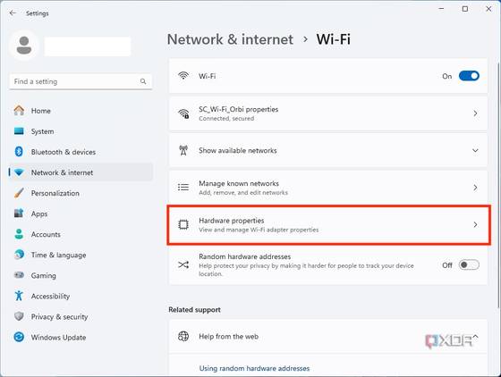 Windows 11 DNS settings, select Hardware properties