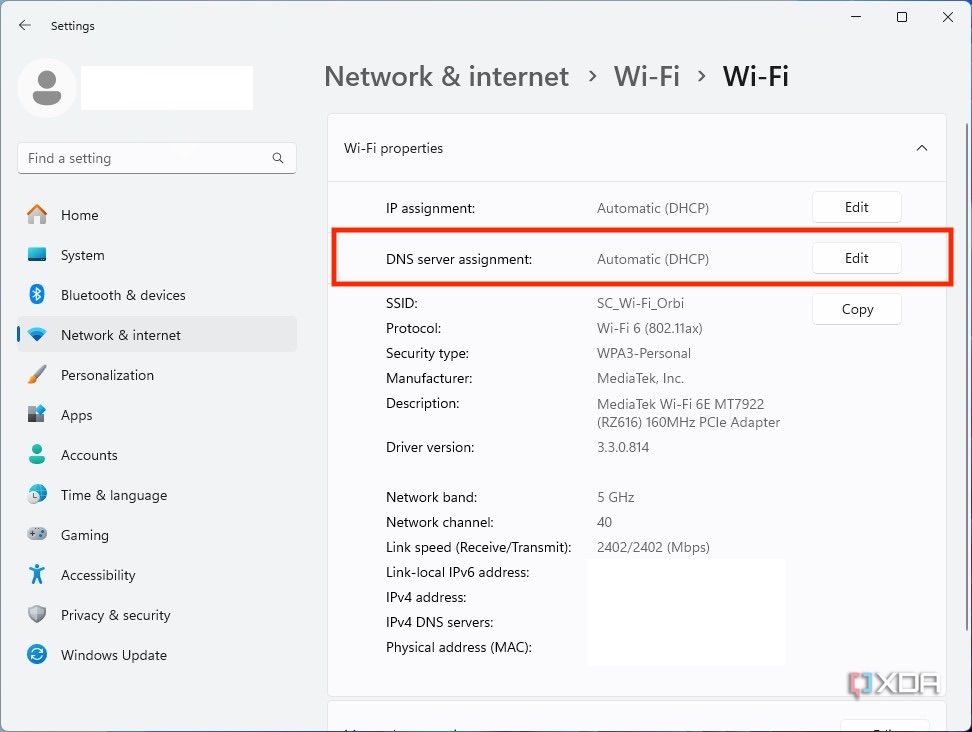 Windows 11 DNS settings, Click Edit next to DNS server assignment
