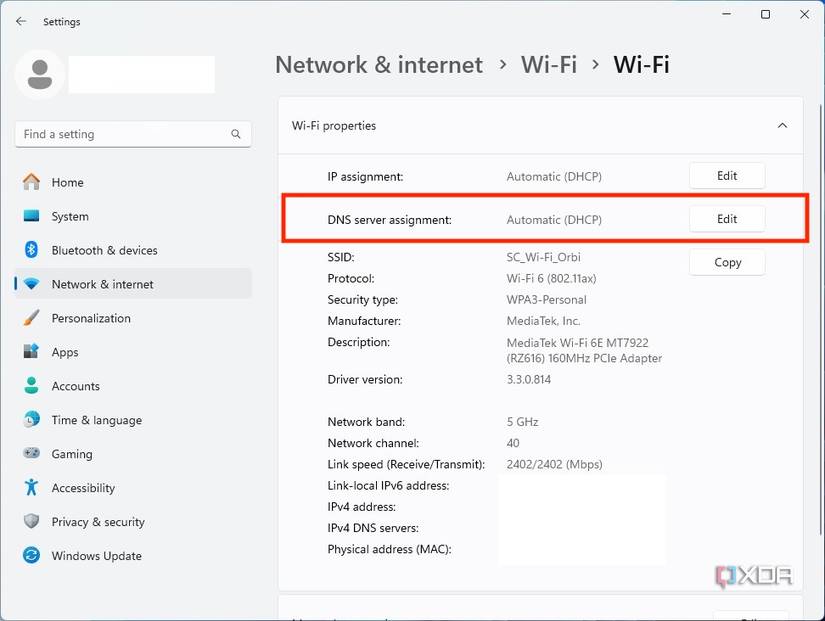 Windows 11 DNS settings, Click Edit next to DNS server assignment