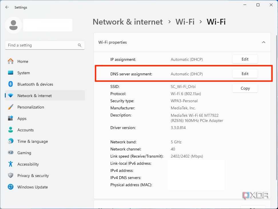 Windows 11 DNS settings, Click Edit next to DNS server assignment