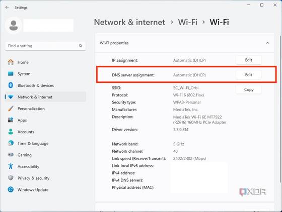 Windows 11 DNS settings, Click Edit next to DNS server assignment