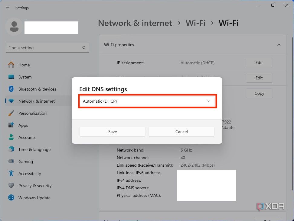 Windows 11 DNS settings, change Automatic to manual to add a custom DNS